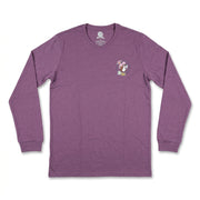 Front view of a heathered purple long-sleeve t-shirt featuring a small left-chest logo of Buc-ee the beaver framed by pastel flowers.