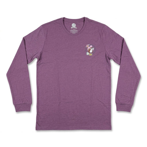 Front view of a heathered purple long-sleeve t-shirt featuring a small left-chest logo of Buc-ee the beaver framed by pastel flowers.