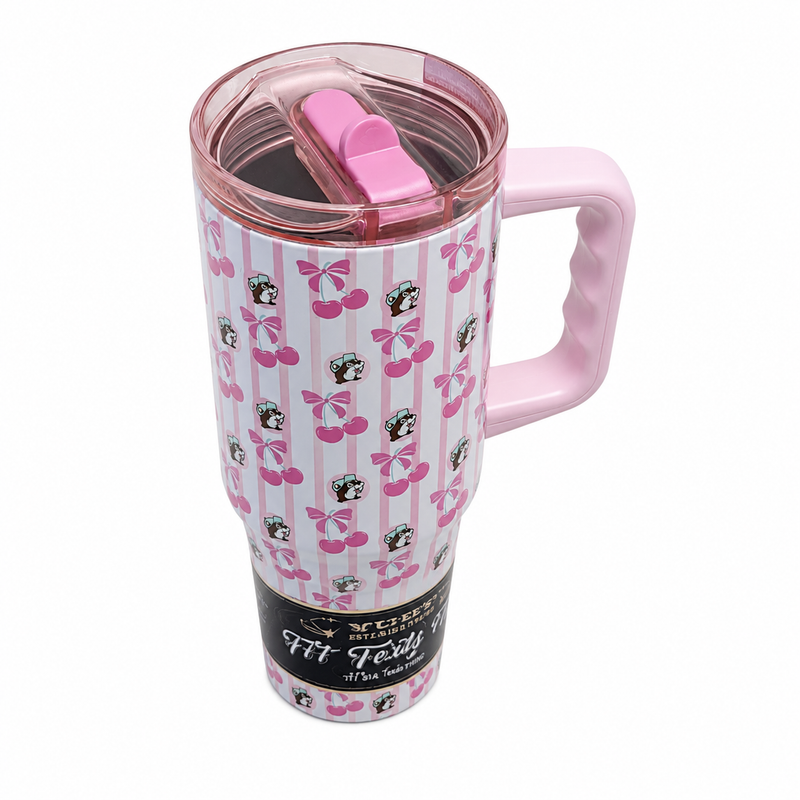 Top view of the 40oz Buc-ee's cherry tumbler showing the clear pink lid, pink flip spout, and internal stainless steel double-wall lining.
