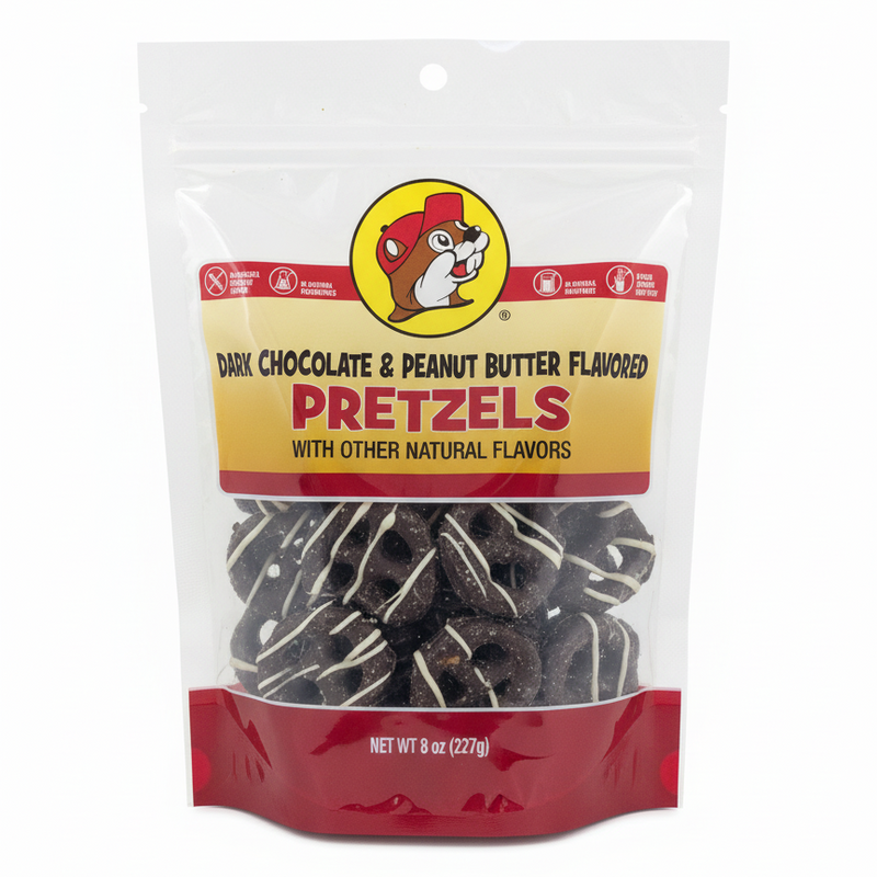 An 8 oz, stand-up resealable bag of Buc-ee's Dark Chocolate & Peanut Butter Flavored Pretzels. The dark chocolate-coated pretzels feature a distinct, delicate white drizzle across their surface. The bag is neatly centered against a bright, solid white background.