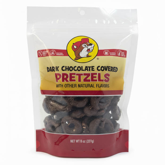 An 8 oz, stand-up resealable bag of Buc-ee's Dark Chocolate Covered Pretzels. The packaging includes the iconic Buc-ee's mascot logo above bold text labeled 'Dark Chocolate Covered Pretzels,' set against a crisp, white, studio-quality background.