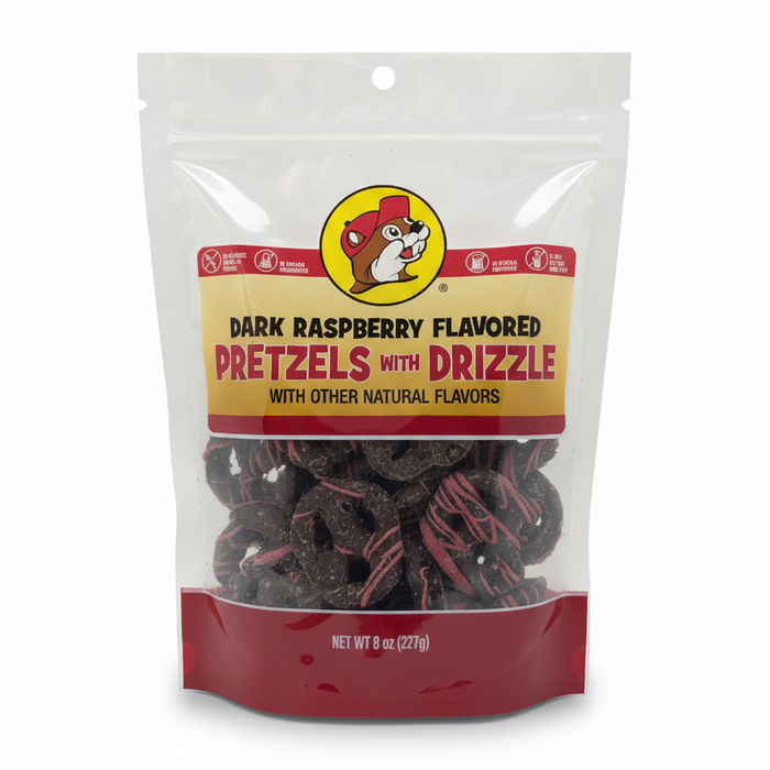 An 8 oz, stand-up resealable bag of Buc-ee's Dark Raspberry Flavored Pretzels. The dark chocolate-covered pretzels are accented with an eye-catching, vibrant pink raspberry-flavored drizzle. The product is photographed head-on against a plain white background.