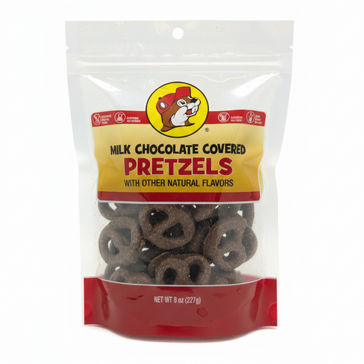 An 8 oz, stand-up resealable bag of Buc-ee's Milk Chocolate Covered Pretzels. The packaging features a yellow label with the signature smiling beaver mascot and clear text reading 'Milk Chocolate Covered Pretzels.' The bag is positioned upright on a clean, solid white background.