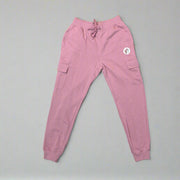 Buc-ee’s Fleece Pink Cargo Joggers with drawstring waist, cargo pockets, and Buc-ee’s logo patch on the hip.