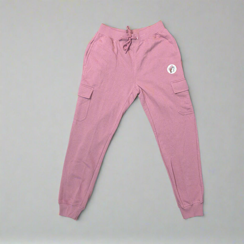 Buc-ee’s Fleece Pink Cargo Joggers with drawstring waist, cargo pockets, and Buc-ee’s logo patch on the hip.