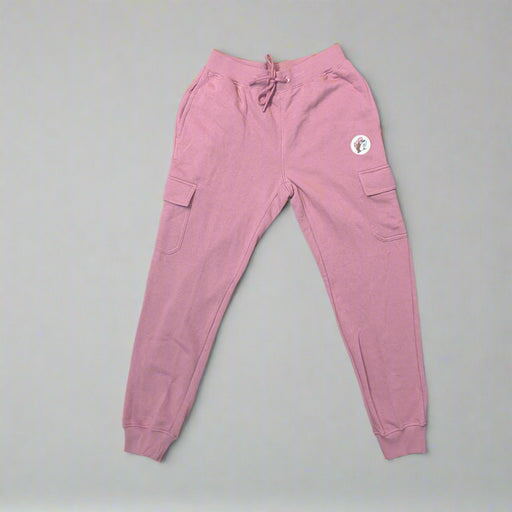 Buc-ee’s Fleece Pink Cargo Joggers with drawstring waist, cargo pockets, and Buc-ee’s logo patch on the hip.