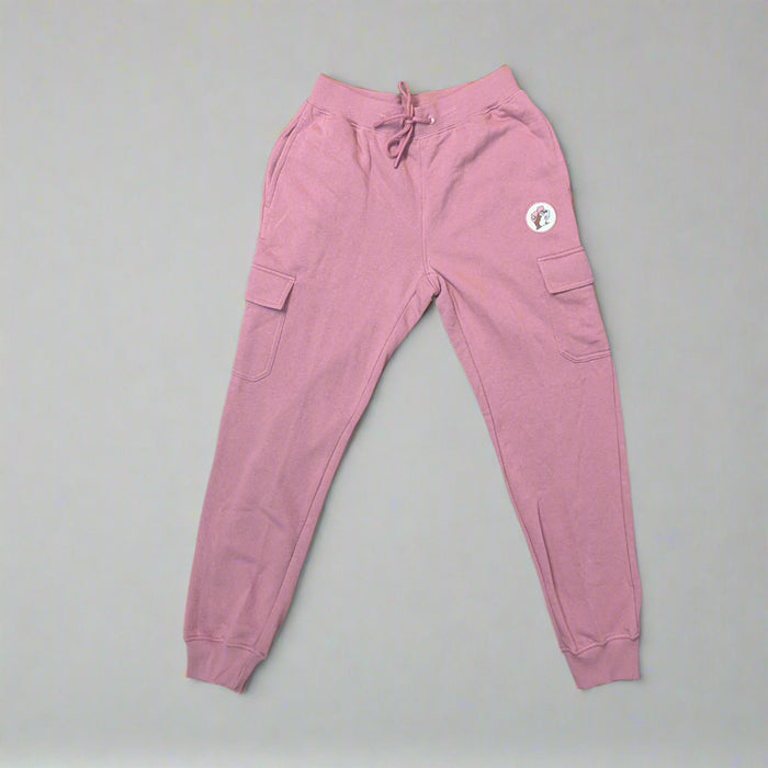 Buc-ee’s Fleece Pink Cargo Joggers with drawstring waist, cargo pockets, and Buc-ee’s logo patch on the hip.