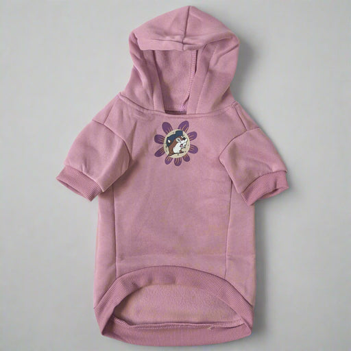 Front view of pink Buc-ee’s dog hoodie with floral design and Buc-ee’s logo in the center.