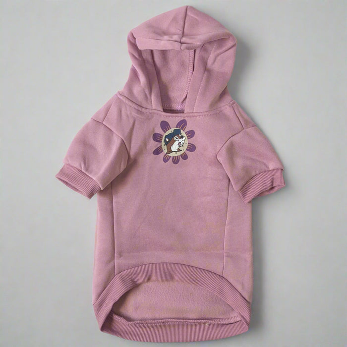 Front view of pink Buc-ee’s dog hoodie with floral design and Buc-ee’s logo in the center.