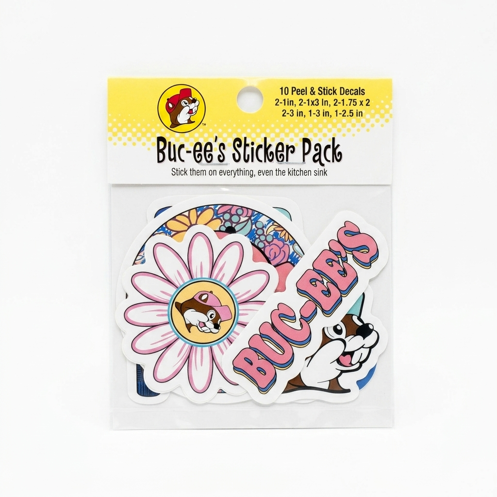 Buc-ee's 10-piece sticker decal pack featuring a large daisy flower with Buc-ee's mascot, retro script text, and colorful floral graphics.