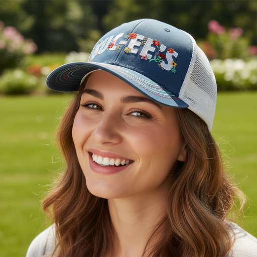 Woman wearing a blue cap with floral designs and text in an outdoor setting