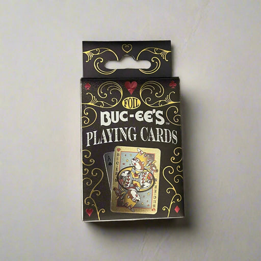 Buc-ee's black and gold foil playing cards in an ornate box