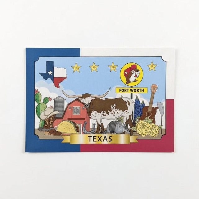 A rectangular Buc-ee's souvenir postcard set against a solid white background with a red, white, and blue Texas state flag border. The central illustration features a Texas Longhorn steer, armadillo, red barn, cowboy boot, acoustic guitar, taco, bluebonnets, yellow roses, and a yellow Buc-ee's sign reading "FORT WORTH" below a line of gold stars and a Texas flag map outline. A gold banner at the bottom reads "TEXAS".