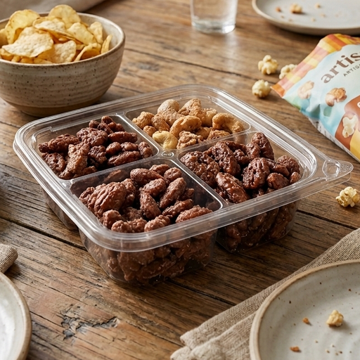A 4-compartment clear plastic tray filled with various glazed nuts sits in the center of a rustic wooden dining table. The table is set with small ceramic plates, a bowl of potato chips, a bowl of chocolate-covered pretzels, and an open bag of artisanal caramel popcorn. In the background, there is a glass of water with lemon and a soft, natural-light indoor setting.