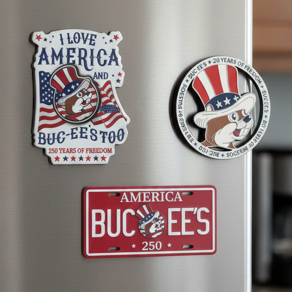 Set of four patriotic-themed pins with 'Buccees' branding on a white background