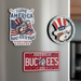 Set of four patriotic-themed pins with 'Buccees' branding on a white background