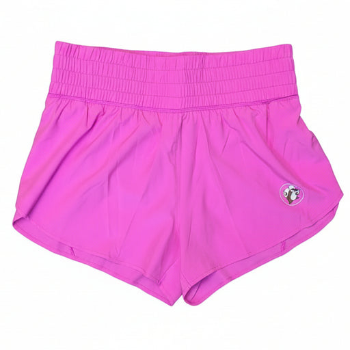 Buc-ee’s women’s Fuchsia high-waist performance shorts with elastic waistband, fuchsia accents, and Buc-ee’s beaver logo displayed on a neutral background