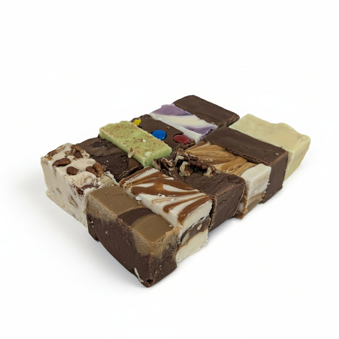 A Buc-ee's Fudge Sampler Pack featuring 12 fudge flavors arranged in a neat grid displayed with a clean white background.