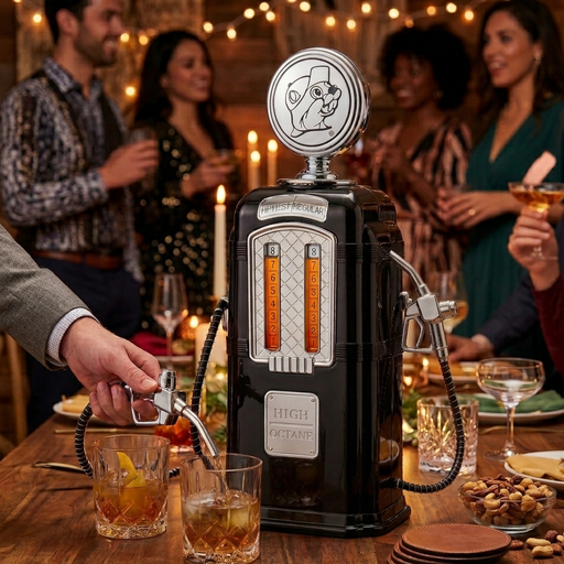 A lifestyle photo of a retro-style beverage dispenser shaped like a gas pump, set in a party environment. The dispenser has a circular top with a beaver mascot logo and two vertical glass tubes filled with amber liquid, marked with numbers 1 through 8. A person’s hand on the left is using a silver fuel-nozzle dispenser to pour a drink into an ice-filled glass, while a second nozzle rests in its holster on the right side of the unit. A front plate on the dispenser is embossed with the words HIGH OCTANE.