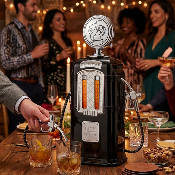 A lifestyle photo of a retro-style beverage dispenser shaped like a gas pump, set in a party environment. The dispenser has a circular top with a beaver mascot logo and two vertical glass tubes filled with amber liquid, marked with numbers 1 through 8. A person’s hand on the left is using a silver fuel-nozzle dispenser to pour a drink into an ice-filled glass, while a second nozzle rests in its holster on the right side of the unit. A front plate on the dispenser is embossed with the words HIGH OCTANE.