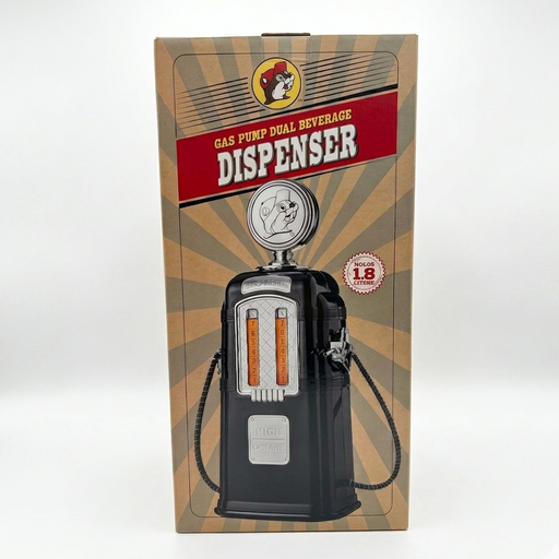 A product photo of the Buc-ee's Gas Pump Dual Beverage Dispenser box. The image is a square composition on a clean, seamless white background. The box features a vintage-inspired design with a tan sunburst pattern, a red banner reading "GAS PUMP DUAL BEVERAGE DISPENSER," and the iconic Buc-ee’s beaver mascot logo at the top. The center of the box displays a high-quality illustration of the black, retro-style gas pump dispenser, including its chrome detailing, twin amber-filled reservoir marked 1 through 8.