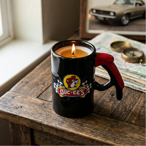 A lifestyle photograph of a lit Buc-ee’s gas pump handle candle resting on a rustic wooden table. The black ceramic vessel features the iconic beaver logo with checkered flags and a red pump handle grip. The candle is burning, casting a warm glow from the center. In the background, a folded map, a vintage brass compass, and a framed photo of a classic muscle car create a nostalgic, road-trip-inspired atmosphere near a bright window.