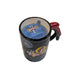An overhead, angled view of the black ceramic Buc-ee’s gas pump handle candle. A blue paper insert sits on top of the white wax, displaying the scent "WOODSMOKE BOURBON" and instructions to wash and reuse the container once finished. A small blue circular sticker on the side reads, "I'M A CANDLE! REPURPOSE ME." Displayed on a clean white background.