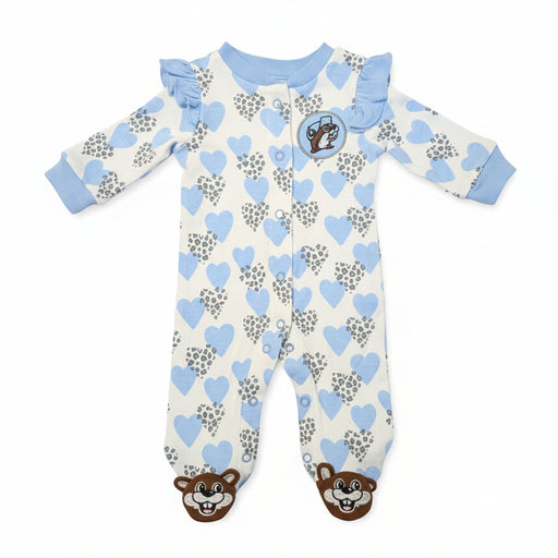 Buc-ee’s girl footed sleeper with blue heart and snow-leopard print, ruffle sleeves, Buc-ee’s logo on chest, and beaver-face footies, displayed on a clean white background.
