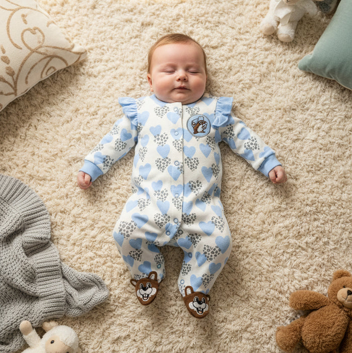 A baby laying on a rug asleep wearing the Buc-ee’s girl footed sleeper with blue heart and snow-leopard print, ruffle sleeves, Buc-ee’s logo on chest, and beaver-face footies.