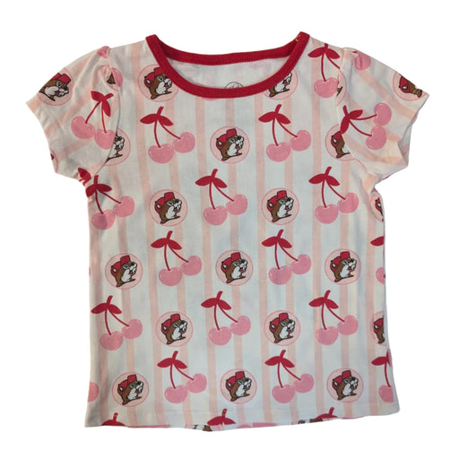 Toddler girl's Buc-ee’s short-sleeve shirt with pink and white stripes and an all-over Buc-ee beaver logo and cherry pattern. Displayed on a clean white background.