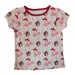 Toddler girl's Buc-ee’s short-sleeve shirt with pink and white stripes and an all-over Buc-ee beaver logo and cherry pattern. Displayed on a clean white background.
