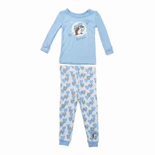 Bedtime just got a whole lot cuter. This Buc-ee’s Toddler Snow Leopard Pajama Set features a soft long-sleeve top paired with comfy matching pants — perfect for snuggly nights and lazy mornings. The top shows Buc-ee wearing a cozy winter hat surrounded by little hearts, while the pants bring the full blue-and-white snow leopard heart pattern to life.