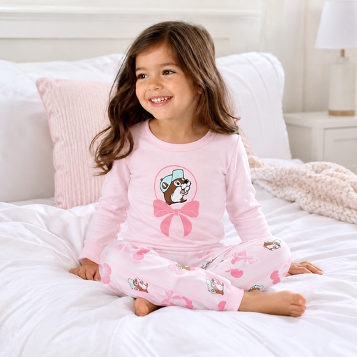 Young girl wearing a pink long-sleeve Buc-ee’s pajama set with a beaver character and bow on the shirt and a matching cherry and bow print on the pants, sitting on a cozy white bed in a softly lit bedroom.