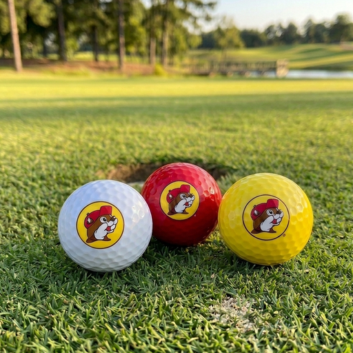 A high-angle, lifestyle photograph of three Buc-ee’s golf balls resting on a lush green golf course. The white, red, and yellow golf balls are grouped closely together in the foreground, each clearly displaying the iconic Buc-ee’s beaver mascot logo. In the blurred background, a golf hole is visible just behind the balls, with a scenic view of a fairway, distant trees, and a small bridge over a water hazard under the soft, warm light of a late afternoon sun.