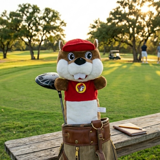 An AI-generated lifestyle photograph of a Buc-ee’s plush golf club headcover in use on a golf course. The beaver mascot, wearing its signature red cap and shirt, is fitted onto a driver inside a vintage-style tan canvas and leather golf bag. The bag leans against a rustic wooden bench on a lush green fairway. In the background, other golfers and a golf cart are visible under the warm, glowing light of a setting sun filtering through large oak trees.
