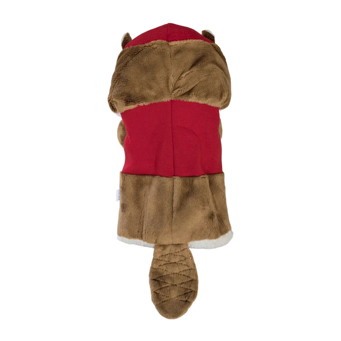 The back view of the Buc-ee's Plush Golf Club Headcover shows the rear of the beaver mascot. It features a solid red fabric section representing its shirt, soft brown plush fur on the head and lower body, and a flat, quilted brown tail at the bottom. A white plush trim lines the base, and the top shows the back of the iconic red baseball cap.