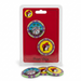 A packaged set of Buc-ee's Goodyear, Arizona collectible poker chips on a clean white background. Inside the clear plastic packaging, two chips are displayed on a red card: the top chip shows a baseball with palm trees and the word "GOODYEAR," and the bottom chip shows the Buc-ee's beaver mascot. Three loose poker chips rest on the surface in front of the package. All chips have a distinct green and purple striped border with a glittery gold inner ring.