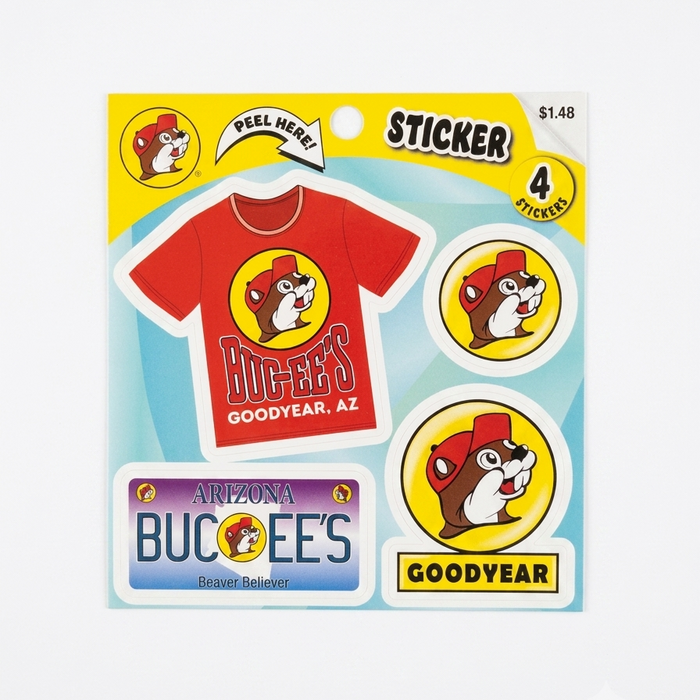 A Buc-ee's Goodyear, Arizona sticker pack on a clean white background. The pack contains four individual vinyl stickers: a large red t-shirt decal reading "GOODYEAR, AZ", a rectangular purple and blue "ARIZONA BUC-EE'S" license plate decal, and two round stickers featuring the smiling beaver mascot logo.
