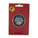 A photo of a circular metal Buc-ee's Goodyear, Arizona medallion on its red cardboard packaging. The top-left corner features the small, round Buc-ee's beaver logo, and the word "Medallion" is written in cursive script at the bottom. Inside a clear protective plastic casing, the double-sided coin shows a baseball design with the word "GOODYEAR" on it, set against a background of green grass, palm trees, and a blue sky. The thick dark brown outer border of the coin reads "BUC-EE'S ARIZONA" on top and bottom.