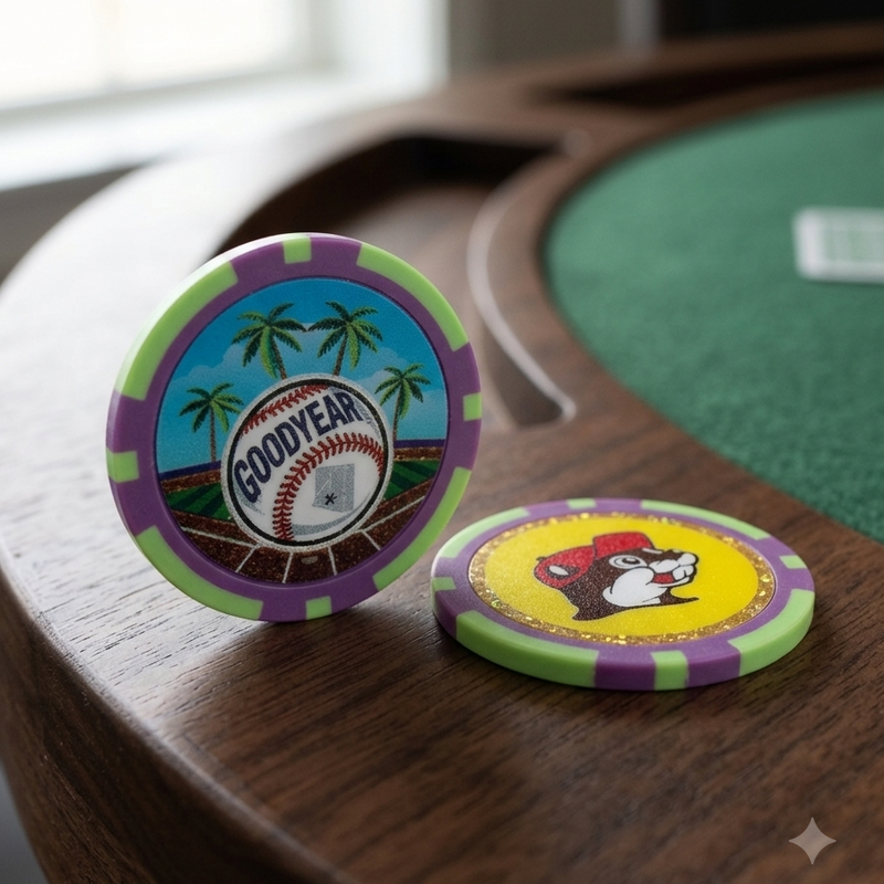 Two Buc-ee's Goodyear, Arizona collectible poker chips sitting on the wooden edge of a green felt poker table. One chip stands upright, showing a baseball with palm trees and the word "GOODYEAR." The other chip lies flat next to it, showing the Buc-ee's beaver mascot on a yellow background. Both chips feature a distinct green and purple striped border.