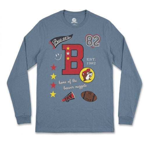 Slate blue long-sleeve t-shirt laid flat featuring a front collage graphic with a large red varsity letter B, Buc-ee's logo, football, megaphone, and "EST. 1982".