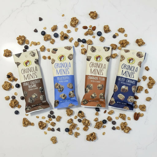 Buc-ee's Granola Minis. 4 different flavors. Double Chocolate Bownie, Blueberry, Cinnamon Pecan, and Salted Caramel. 