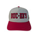 A product photo of a Buc-ee's Gray Hat with Red Embroidered Logo. A gray baseball cap with a vibrant red brim sitting on a white surface. The front of the cap features the text 'BUC-EE'S' embroidered in bold red letters. 