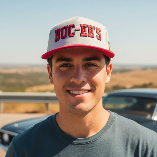 A smiling young man wearing a gray baseball cap with a red brim. The cap features 'BUC-EE'S' embroidered in bold red letters on the front, and a small side patch on the right panel. He is standing outdoors on a sunny day with a road, a highway guardrail, and a blurred car in the background.
