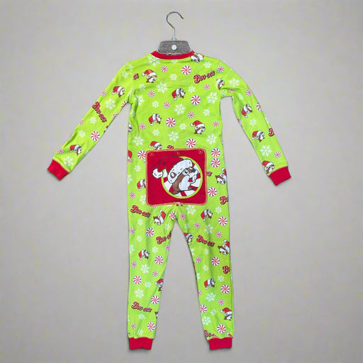 The back has a Buc-ee in a Santa Hat that is in a red square patch on the bottom area. 