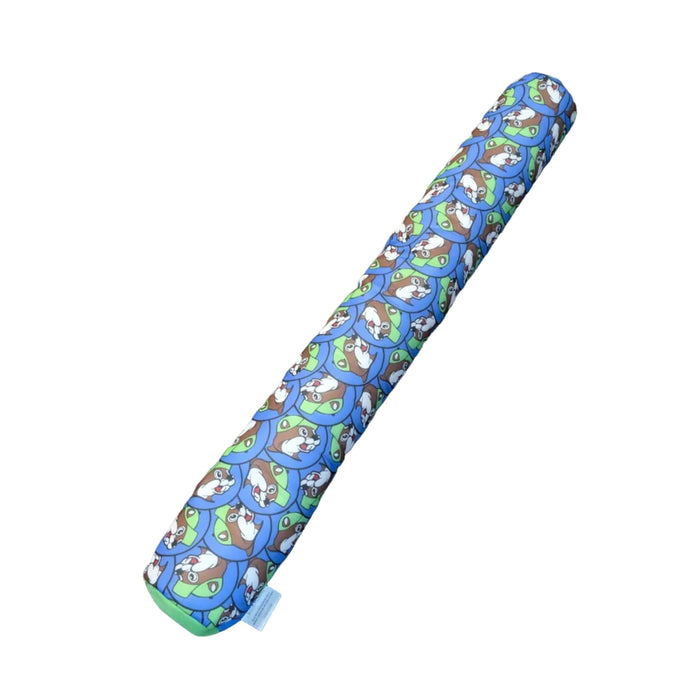 A bright and vibrant green Buc-ee's premium pool noodle lying diagonally on a white surface. The quick-drying mesh cover features an all-over repeating print of the circular Buc-ee's beaver mascot logo.