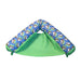 A vibrant green Buc-ee's premium pool noodle sling lounge chair displayed on a white surface. The bean-filled float features an integrated mesh seat sling, armrests, and a supportive back, all covered in a repeating Buc-ee's beaver logo print.