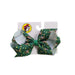 A Buc-ee's St. Patrick's Day green hair bow with a vibrant green base covered in a pattern of Buc-ee the beaver wearing a leprechaun hat, lucky shamrocks, and gold accents, displayed on a clean white background.