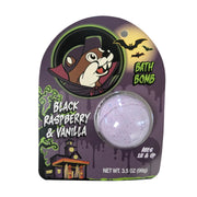 Buc-ee's Black Raspberry & Vanilla Halloween bath bomb in purple blister card packaging with vampire Buc-ee and a spooky haunted mansion.