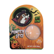 Buc-ee's Pumpkin Spice Halloween bath bomb in clear blister packaging featuring vampire Buc-ee, a carved jack-o'-lantern, and orange background.